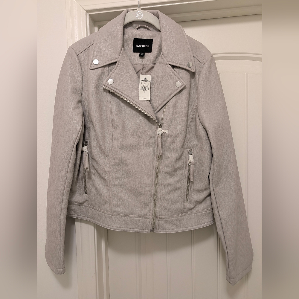 Express Women's Light Gray Faux Leather Moto Jacket